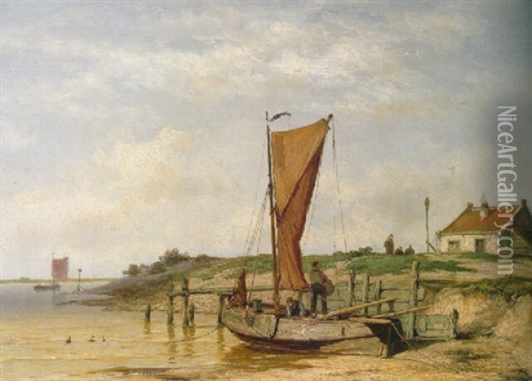 Fishermen Unloading A Beached Coastal Craft Oil Painting - Johannes Hermanus Barend Koekkoek