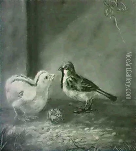 A Chick And A Sparrow With A Berry Oil Painting - Thomas Hill