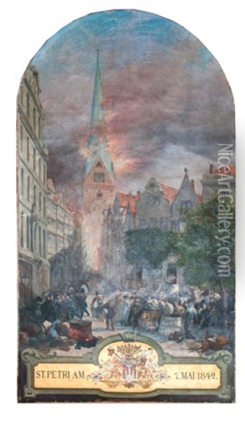 St. Petri Im Grosen Brand Von Hamburg 1842 Oil Painting - Hermann De Bruycker