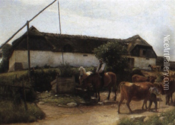 A Farm Yard Oil Painting - Hans Ole Brasen