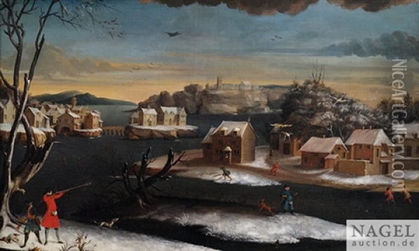 Winterliche Entenjagd In Verschneiter Kanallandschaft Mit Dorfern Oil Painting - Daniel van Heil