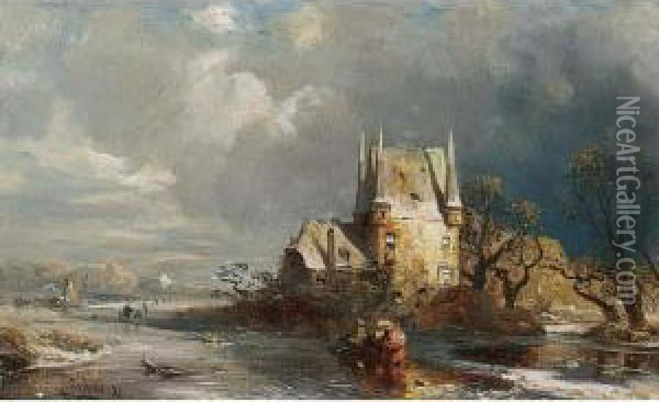 A Winter Landscape With Figures By A Manor Oil Painting - Carl Hilgers