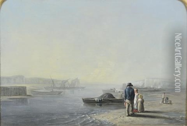 Figures On The Shore, Wth Laden Rowing Boats And Distant Sailing Vessels Oil Painting - William Collins