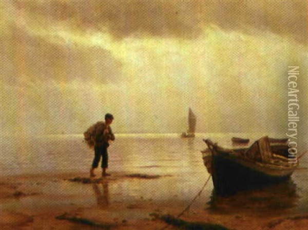 Parti Fra Limfjorden. En Fisker Baerer Dagens Fangst I Land Oil Painting - Holger Luebbers