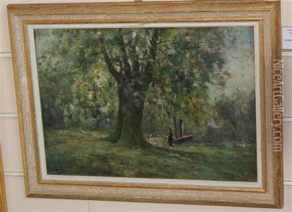 Figures Beneath Trees On A River Bank Oil Painting - George Boyle