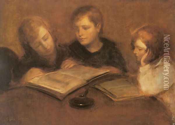 Girls Reading Oil Painting - Eugene Carriere