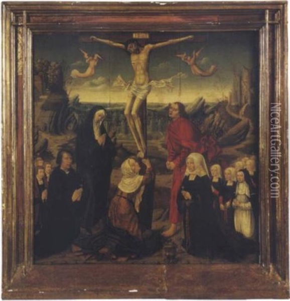Marie Madeleine Au Pied De La Croix, Entouree De La Vierge, De Saint Jean Et Des Donateurs Oil Painting - Cornelius Engebrechtsz
