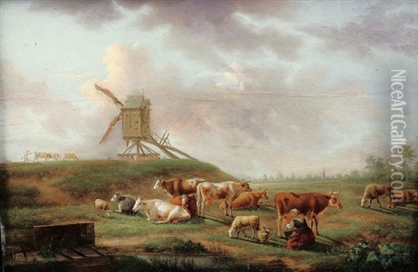 Bauerin Mit Kuhen Und Schafen Auf Einer Sommerlichern Wiese Oil Painting - Balthasar Paul Ommeganck