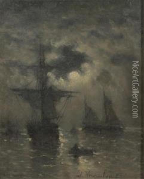 Twomaster And Sloop At Moonlight Oil Painting - Edward Moerenhout