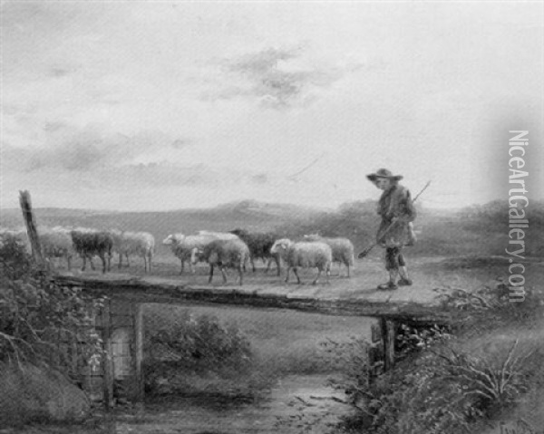 A Shepherd And Flock On A Bridge Oil Painting - Simon Van Den Berg