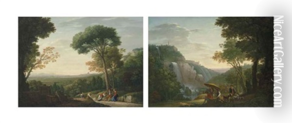 The Campagna Viewed From The North, With Rome In The Distance And Figures In The Foreground; And The Falls At Tivoli And The Villa Of Maecenas, With Figures In The Foreground Oil Painting - Jacob More