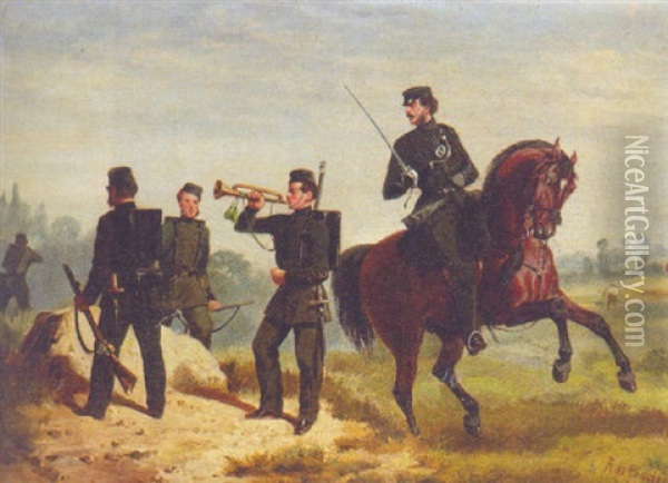 Officers And Men Of The Rifle Brigade On Manoeuvres Oil Painting - Alfred F. De Prades