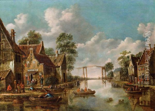 Dorfszene An Einem Fluss Oil Painting - Thomas Heeremans