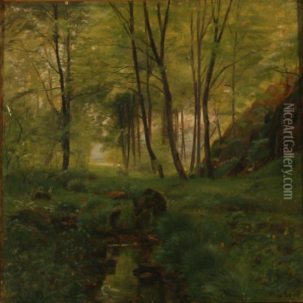 Serpentine Stream In A Forest At Summer Time Oil Painting - Christian Zacho