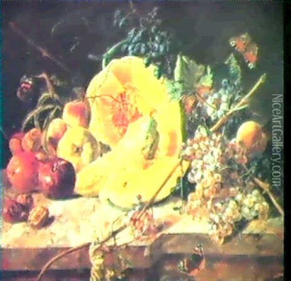 Still Life With Fruit, Nuts, Butterflies And A Bee Oil Painting - Leopold Zinnoegger
