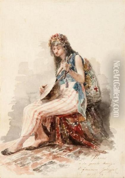 Girl Playing Musical Instrument Oil Painting - Francesco Paolo Parisi