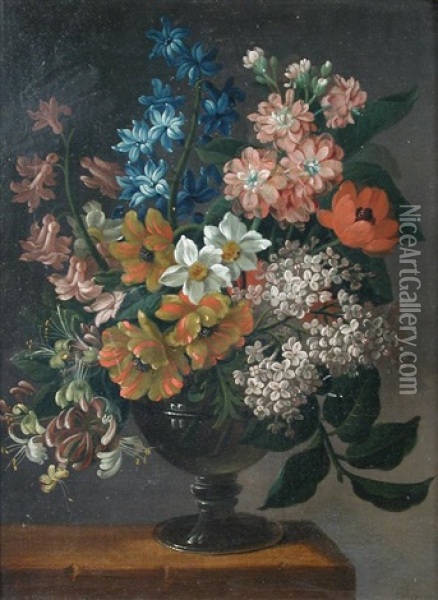 Still Life Of Lilac, Hyacinth, Narcissus, Honeysuckle, Parrot Tulips, Poppies And Apple Blossom In A Roemer Oil Painting - James (Sillet) Sillett