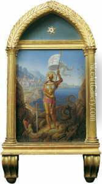 Zwei Heiligendarstellungen. 1. Der Hl. Georg Als Sieger Uber Den Drachen. 2. Die Hl. Cacilia. Oil Painting - Ernst Gebauer