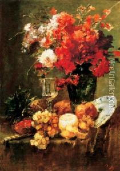Flower And Fruit Still Life With Delft Plate, About 1882 Oil Painting - Bertalan Karlovszky