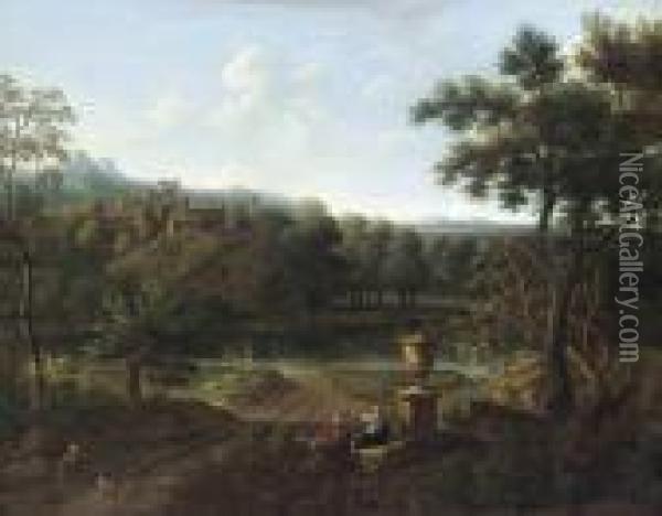 A Wooded Italianate Landscape With Figures Beside A Lake Oil Painting - Gaspard Dughet Poussin