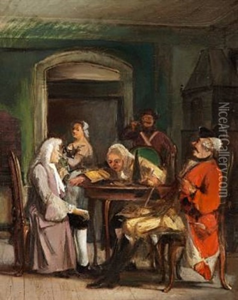 Scene From The Comedy Barselstuen By Ludvig Holberg Oil Painting - Wilhelm Nicolai Marstrand
