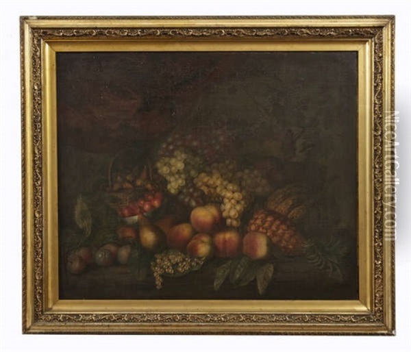 A Still Life Of Grapes And Other Fruit With Baskets And A Chinese Bowl On A Ledge Oil Painting - Martin Ferdinand Quadal