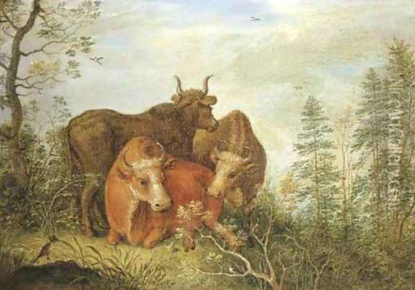 A wooded landscape with cattle in a clearing Oil Painting - Gillis Claesz. De Hondecoeter