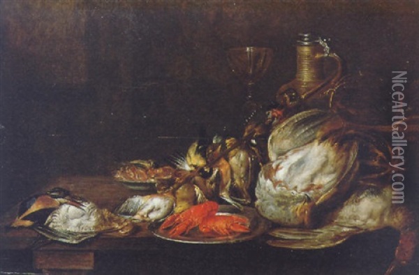 A Still Life Of Dead Game With Lobsters On A Silver Plate, A Glass Goblet, A Wine Flask, A Melon And A Basket On A Wooden Table Oil Painting - Alexander Adriaenssen the Elder
