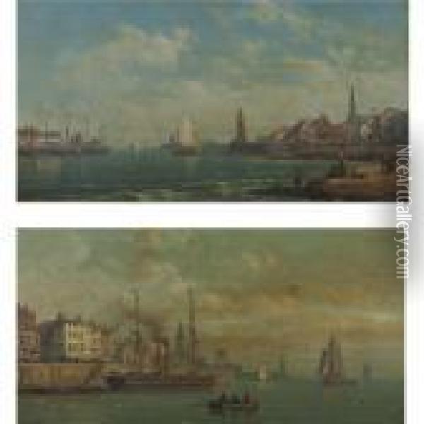 Views Of Harbours With Fisherboats: A Pair Of Paintings Oil Painting - Charles Euphrasie Kuwasseg