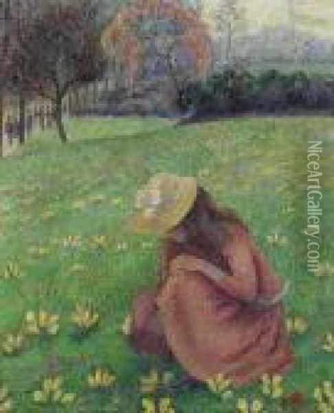 Les Crocus Oil Painting - Lucien Pissarro