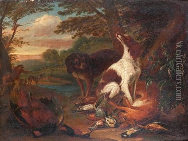 A Hunting Still Life With A Spaniel Guarding A Swan, Mallard And Songbirds In A Landscape With A Sportsman Beyond (+ A Hunting Still Life With Spaniels Guarding A Hare And Pheasant; Pair) Oil Painting - Adriaen de Gryef