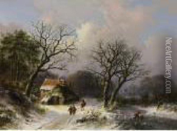 Figures On A Path In A Snow Covered Landscape Oil Painting - Johann Bernard Klombeck