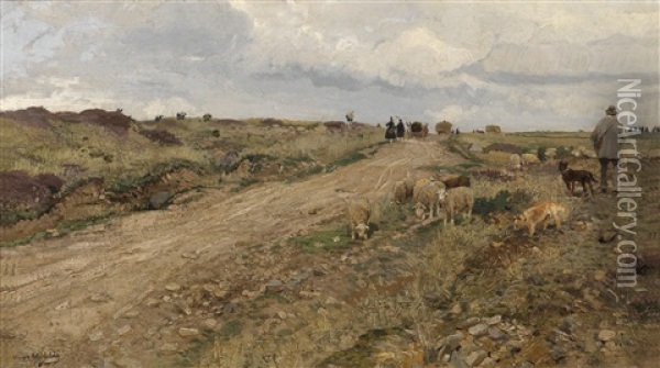 Schafer Auf Dem Heimweg In Hessischer Landschaft Oil Painting - Hugo Muehlig