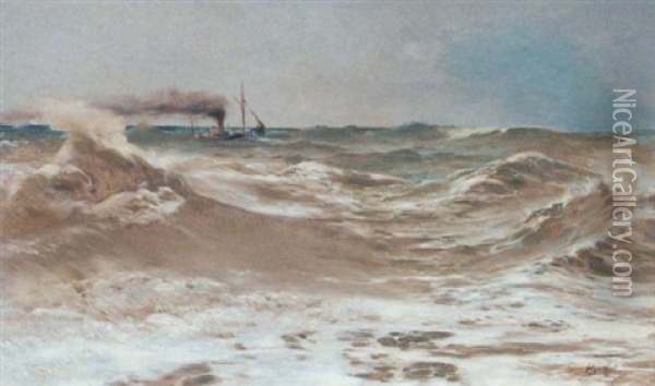 A Steamer In Choppy Waters Oil Painting - Eugene Berthelon