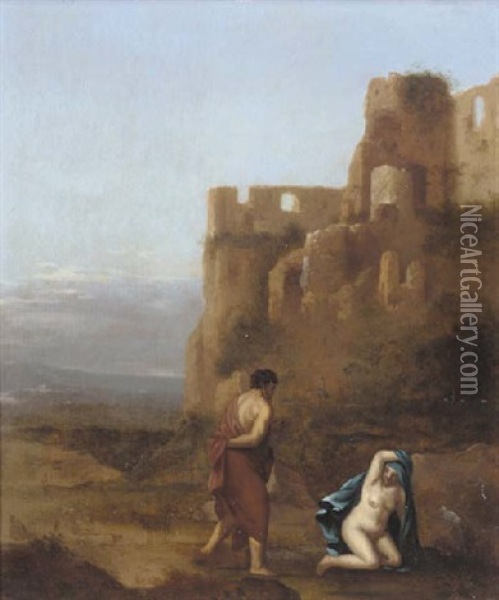 Classical Figures Before A Ruin Oil Painting - Cornelis Van Poelenburgh