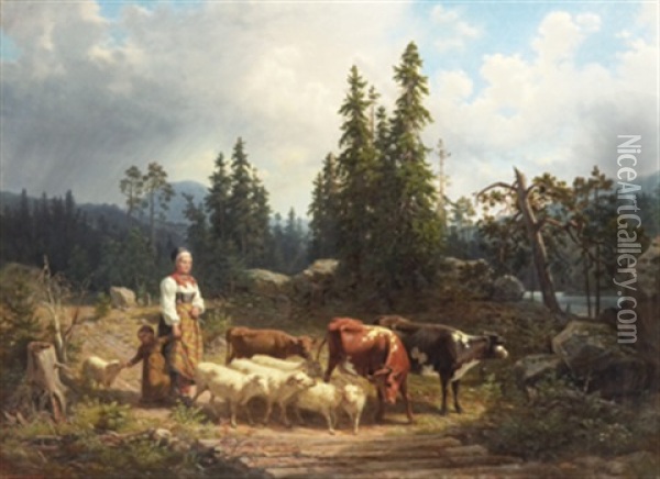 Vallflicka Med Hjord I Landskap Oil Painting - Nils Anderson