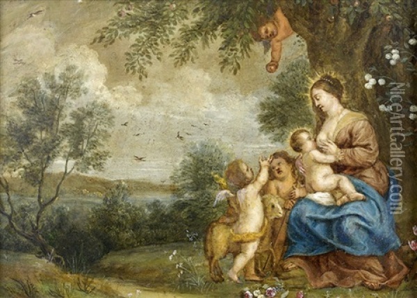 La Vierge A L'enfant Avec Saint Jean-baptiste, Et Un Ange Dans Un Paysage Oil Painting - Peeter Van Avont