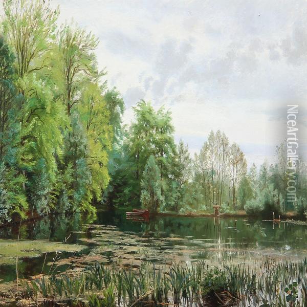 A Forest Lake In Hellebaek, Denmark Oil Painting - Olaf Viggo Peter Langer