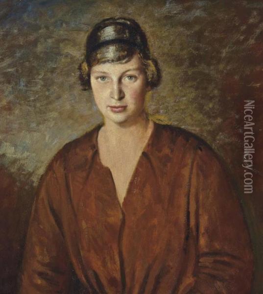 Girl In Brown Oil Painting - Derwent Lees