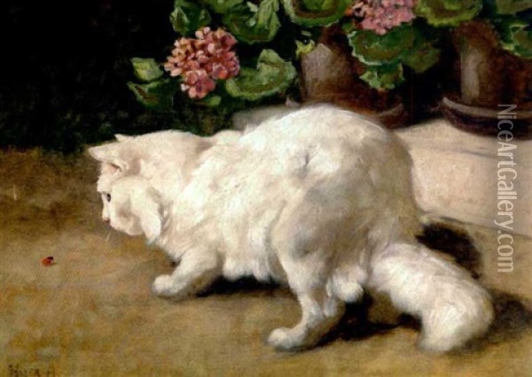 Weise Katze, Aufmerksam Einen Marienkafer Beobachtend Oil Painting - Arthur Heyer