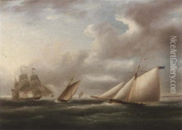 Two Racing Cutters On Opposite Tacks With A Royal Naval Frigate Off To Windward Oil Painting - James Edward Buttersworth
