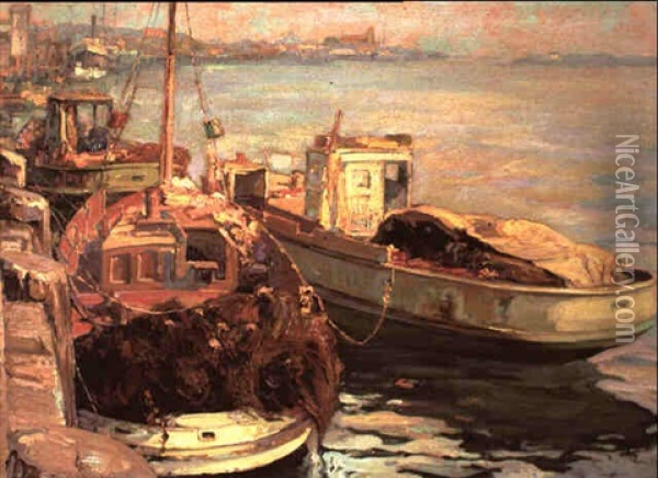 San Pedro Fishing Boats Oil Painting - Franz Arthur Bischoff