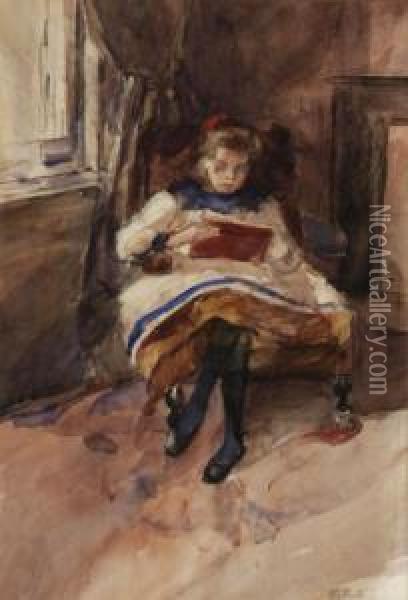 Young Girl Writing And Reading: Oil Painting - Barbara Elisabeth Van Houten