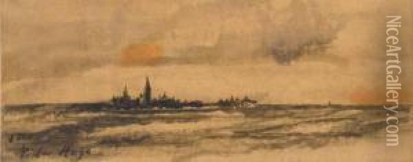 A Seascape With A Town On An Island Oil Painting - Victor Hugo