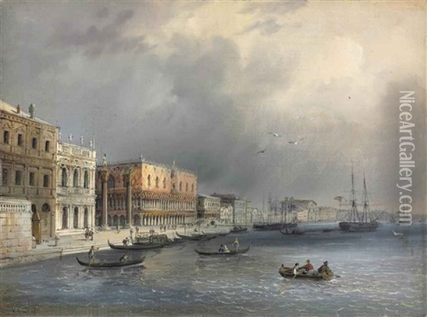 The Libreria And The Ducal Palace From Riva Degli Schiavoni Oil Painting - Carlo Grubacs