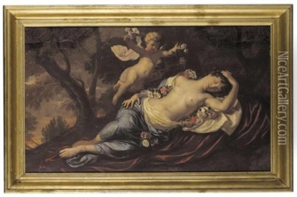 Cupid Casting Flowers Over A Sleeping Maiden Oil Painting - Augustin Terwesten