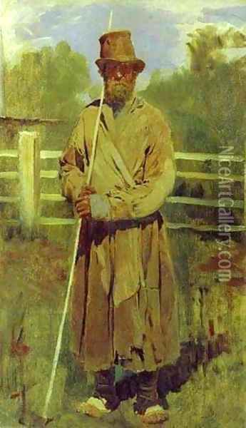 Peasant With A Pole Study 1877 Oil Painting - Viktor Vasnetsov