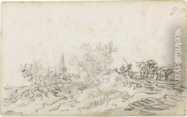 A Horse And Cart On A Path, A Church Tower In The Background Oil Painting - Jan van Goyen