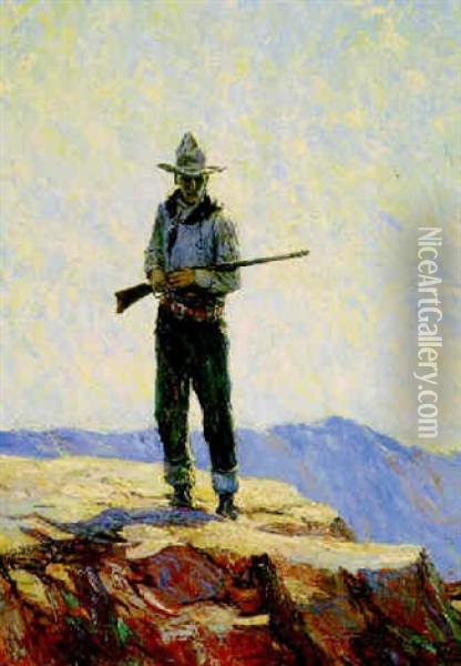 He Wore A Steeple-crowned Hat And He Carried A Long Rifle In The Crook Of His Arm Oil Painting - William Henry Dethlef Koerner