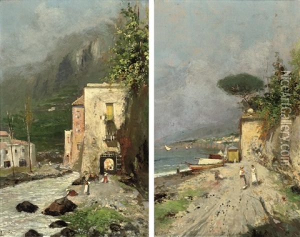 Fisherfolk On The Amalfi Coast (+ Washing Clothes Below The Mountains; Pair) Oil Painting - Oscar Ricciardi